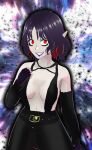  1girl absurdres aura black_dress breasts center_opening dark_aura dress fingerless_gloves gloves highres hyperspace meela_(the_wild_blue) mixed_media multicolored_hair navel non-web_source outstretched_arms purple_hair red_eyes red_hair self-upload sharp_teeth solo spread_arms teeth the_wild_blue vroid 
