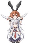  2girls animal_ears black_sailor_collar black_skirt black_thighhighs blue_eyes border brown_eyes brown_hair commentary_request fake_animal_ears fur_cuffs grin hibiki_(kancolle) highres ikazuchi_(kancolle) index_fingers_raised kantai_collection long_hair multiple_girls pleated_skirt rabbit_ears sailor_collar sailor_shirt shirt short_sleeves siblings simple_background sisters skirt smile tetsuryuu thighhighs white_background white_border white_shirt 
