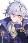  1boy ahoge aqua_gem artist_name ascot black_jacket black_vest blue_gem bright_pupils buttons cape closed_mouth collared_jacket collared_shirt commentary_request gem genshin_impact grey_hair hair_between_eyes hand_on_own_face hand_up high_collar highres jacket jewelry kanase_e lapels long_sleeves looking_at_viewer male_focus mitya_(genshin_impact) open_clothes open_jacket pendant purple_cape purple_eyes purple_jacket shirt short_hair simple_background smile solo tassel two-sided_fabric two-sided_jacket upper_body vest watermark wavy_hair white_ascot white_background white_pupils white_shirt yellow_gem 