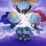  2girls 3boys alternate_costume black_hair blonde_hair blue_hair claude_von_riegan claude_von_riegan_(cosplay) closed_mouth clothed_pokemon commentary cosplay crossover dimitri_alexandre_blaiddyd dimitri_alexandre_blaiddyd_(cosplay) edelgard_von_hresvelg edelgard_von_hresvelg_(cosplay) female_byleth_(fire_emblem) female_byleth_(fire_emblem)_(cosplay) fire_emblem fire_emblem:_three_houses garreg_mach_monastery_uniform long_hair looking_at_viewer male_byleth_(fire_emblem) male_byleth_(fire_emblem)_(cosplay) multiple_boys multiple_girls open_mouth parody pokefication pokemon pokemon_(creature) pokemon_focus purpleaur_a short_hair white_hair wooper 