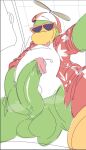 2026 anthro avian balls bird bodily_fluids clothing club_penguin duckbrained erection eyewear genital_fluids genitals glans green_balls green_body green_penis hand_on_own_penis hand_on_penis humanoid_genitalia humanoid_penis looking_at_viewer male multicolored_body penguin penis precum red_clothing red_topwear rookie_(club_penguin) solo sunglasses tongue tongue_out topwear two_tone_body wearing_sunglasses white_body