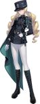  1girl absurdres aiguillette belt black_boots blonde_hair boots cape counter:side drill_hair epaulettes full_body gloves hat highres kepi lace-up_boots long_hair looking_at_viewer military_hat military_uniform pants simple_background solo tachi-e twin_drills vivian_rashford_(counter:side) white_gloves white_pants yellow_eyes 