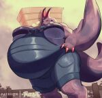 2026 anthro belly big_belly bodily_fluids breasts breath clothed clothing female hi_res leaking leaking_breasts monster_rancher_milf_(tentabat) overalls panting scalie solo sweat sweaty_body tentabat