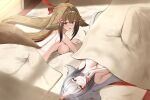  2girls animal_ears breasts brown_hair commentary commission completely_nude dual_persona english_commentary fox_ears fox_girl fox_tail grin hair_intakes hairband jmc5221 large_breasts long_hair looking_at_viewer lying multiple_girls nude on_back on_bed on_stomach smile tail under_covers very_long_hair white_hair white_hairband ye_shunguang ye_shunguang_(enlightened_state) zenless_zone_zero 