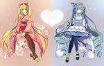  akiyoshi_(tama-pete) blue_eyes blue_hair borrowed_design cherry_blossoms curly_hair dress drill_hair dual_persona green_hair hatsune_miku headdress heart high_heels japanese_clothes kimono long_hair mary_janes multiple_girls pantyhose petals pink_hair ribbon sakura_miku shoes short_kimono sitting smile snow striped striped_legwear twintails vertical-striped_legwear vertical_stripes very_long_hair vocaloid yuki_miku 