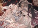  2girls alternate_costume arms_at_sides barefoot black_hair breasts candle cleavage columbina_(genshin_impact) commentary couple dress english_commentary eye_contact flower frilled_dress frills from_above genshin_impact grey_eyes grey_hair hand_on_another's_shoulder highres icepotatoooo imminent_kiss indoors long_hair looking_at_another multiple_girls nightgown on_bed purple_eyes red_flower red_rose rose sandrone_(genshin_impact) very_long_hair white_dress yuri 