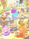  1boy 1girl acerola_(pokemon) alcremie alcremie_(other_cream) alcremie_(other_sweet) allister_(pokemon) alolan_raichu alternate_color apple_pie blueberry blush bread cake candy candy_wrapper chair closed_eyes closed_mouth commentary_request crescent cup drooling duraludon english_text floating floette floette_(blue_flower) flower food fruit galarian_ponyta giratina giratina_(altered) halloween hammock happy_halloween hat highres impidimp joltik juice kettle lycanroc lycanroc_(midday) manectric maractus milk mimikyu muffin on_hammock open_mouth orange_juice pie plate poffin poke_puff pokemon pokemon_(anime) pokemon_(creature) pokemon_focus pokemon_sword_and_shield pokemon_the_series:_sun_&amp;_moon polteageist red_flower samsung_(yuzuikka) sandwich sentret shiny_pokemon sleeping smile spider_web_print star_(symbol) table vibrava window wrapped_candy 