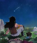  2boys back black_hair commentary fairy_tail gajeel_redfox long_hair male_focus multiple_boys night outdoors pantherlily rusky scar scar_on_arm shirt shooting_star sitting sleeveless sleeveless_shirt 