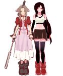  2girls absurdres aerith_gainsborough black_bra black_gloves black_hair black_skirt black_thighhighs boots bra bracelet braid braided_ponytail brown_boots brown_hair choker closed_mouth crop_top cropped_jacket dress elbow_gloves facing_viewer final_fantasy final_fantasy_vii final_fantasy_vii_remake full_body gloves green_eyes hair_ribbon hair_tie highres holding holding_hands holding_staff jacket jewelry light_blush light_smile long_dress long_hair looking_at_viewer low-tied_long_hair midriff miniskirt multiple_girls navel parted_bangs parted_lips pink_dress pink_ribbon red_boots red_eyes red_jacket ribbon shirt sidelocks sketch skirt sleeveless sleeveless_shirt smile sports_bra staff standing thighhighs tifa_lockhart underwear white_background white_shirt yomyompi yuri 