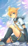  aobe_mahito arm_warmers blonde_hair blue_eyes day headphones kagamine_len leg_warmers male_focus necktie paper shorts sitting sky solo vocaloid yellow_neckwear 