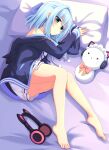  1girl absurdres animal_ear_headphones animal_ears bare_legs barefoot black_jacket blue_ribbon blush cat_ear_headphones cat_ears closed_mouth commentary dress dutch_angle eyes_visible_through_hair fake_animal_ears feet full_body green_eyes hair_between_eyes hair_ribbon half_updo hamidashi_creative head_on_pillow headphones highres jacket knees_together_feet_apart legs looking_at_viewer lying medium_hair nine_murasame nishiki_asumi on_bed on_side open_clothes open_jacket pillow ribbon short_dress sidelocks sleeves_past_wrists smile solo split_mouth stuffed_animal stuffed_cat stuffed_toy thighs toenails toes unworn_headphones white_dress 
