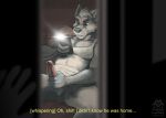 2026 5_fingers anthro balls biped black_eyebrows black_nose blurred_foreground bottomless bottomless_anthro bottomless_male brown_eyes canid canine canis cellphone claws clothed clothing cooper_estevez dialogue disembodied_hand duo electronics english_text eyebrows fingers fur genitals grey_body grey_fur hand_on_door hi_res holding_cellphone holding_object holding_phone humanoid_genitalia humanoid_penis jackaloo looking_at_cellphone looking_at_object looking_at_phone male male_anthro mammal open_mouth penis penis_grab phone phone_flash pink_penis sending_nudes shirt signature sitting solo_focus spread_legs spreading tank_top text topwear topwear_only voyeur_pov whispering white_clothing white_shirt white_tank_top white_topwear wolf