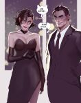  1boy 1girl bare_shoulders batman_(series) black_choker black_dress black_gloves black_hair black_necktie black_suit breasts bruce_wayne choker commentary dc_comics dress elbow_gloves english_commentary gloves highres jacket necktie pants selina_kyle shirt short_hair smile stjepan_sejic suit suit_jacket unfinished white_shirt 