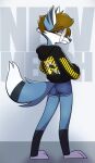 2026 absurd_res animatedmau animatedmau_(fursona) anthro artist_logo artist_name biped black_clothing blue_body blue_clothing blue_eyes blue_underwear boxers_(clothing) butt canid canine canis clothing digital_drawing_(artwork) digital_media_(artwork) eyewear female glasses hi_res hoodie logo male mammal solo tail text topwear underwear wolf