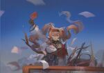  1girl angelina_(arknights) angelina_the_mellow_wish_(arknights) animal_ear_fluff animal_ears arknights black_collar black_gloves black_hairband blue_sky breasts brown_hair car chinese_commentary collar commentary_request detached_sleeves dress floating_hair floating_paper fox_ears fox_girl gloves hair_between_eyes hairband hand_up highres holding holding_letter infection_monitor_(arknights) large_breasts letter long_hair long_sleeves looking_at_viewer motor_vehicle outdoors red_eyes sky solo staff star_(sky) twilight twintails very_long_hair white_dress yi_feng_(bilibili_523910604) 