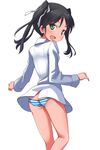  :d a9b_(louis814) ass black_hair blush butt_crack fang francesca_lucchini from_behind green_eyes hair_ribbon long_hair long_sleeves looking_back open_mouth ribbon smile solo strike_witches twintails world_witches_series 