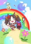  3girls :d ;d absurdres ahoge animal_ears balloon black_hair blonde_hair blue_sky bow bowtie building chibi chibi_only chokueji cloud commentary creature_and_personification cross-shaped_pupils day dinosaur english_commentary fang flower hair_flower hair_ornament highres horse horse_ears horse_girl horse_tail long_hair looking_at_viewer marvelous_sunday_(kira_doki_waku_mabe)_(umamusume) marvelous_sunday_(racehorse) marvelous_sunday_(umamusume) mejiro_ramonu_(umamusume) mixed-language_commentary multicolored_hair multiple_girls neo_universe_(umamusume) neo_universe_(universe-naut)_(umamusume) one_eye_closed open_mouth outdoors parted_bangs personification purple_bow purple_bowtie rainbow red_flower road school_uniform skirt sky smile symbol-shaped_pupils tail tracen_school_uniform tractor_beam twintails two-tone_hair ufo umamusume walking white_hair white_skirt 
