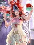  1girl ahoge animal_ear_fluff animal_ears blue_eyes braid character_name cup fang hakos_baelz hakos_baelz_(strawberry_onesie) highres holding holding_cup hololive hololive_english long_hair mouse_ears mouse_girl mouse_tail mug multicolored_hair navel red_hair sleepwear tail twin_braids uduki2025 virtual_youtuber 