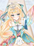  1girl absurdres aqua_dress aqua_eyes aqua_gem aqua_streaks arm_behind_back commentary_request detached_sleeves dress drill_hair drill_ponytail drill_sidelocks fairy_wings gem genshin_impact hair_ornament hair_ribbon highres jobab0810 long_hair looking_at_viewer multicolored_hair pointy_ears ribbon sidelocks single_bare_shoulder single_detached_sleeve single_sleeve solo streaked_hair tiara vesna_(genshin_impact) wings 