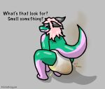 anthro big_tail bodily_fluids crouching curly_hair diaper dragon english_text feces female genital_fluids glistening glistening_body grey_eyes gynomorph hair horn intersex looking_at_viewer multicolored_body mythological_creature mythological_scalie mythology onomatopoeia pink_hair pooping purple_body raised_tail rear_view scalie simple_background smile smirk soiled_diaper soiling soiling_diaper solo sound_effects stink_cloud tail teal_body text trans_(lore) two_tone_body unclean_diaper urine used_diaper using_diaper viola_(violadragon) violadragon watersports wet_diaper wetting wetting_diaper