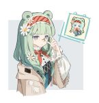  1girl adjusting_eyewear animal_ears arknights bear_ears bear_girl blue_eyes blunt_bangs braid chaosneh chibi chibi_inset chinese_commentary closed_mouth commentary_request cropped_torso flower frilled_hairband frills green_hair hair_flower hair_ornament hairband hand_on_eyewear highres istina_(arknights) istina_(bibliosmia)_(arknights) long_hair long_sleeves looking_at_viewer monocle official_alternate_costume puffy_long_sleeves puffy_sleeves red_hairband solo striped_clothes striped_hairband twin_braids upper_body white_background white_flower 