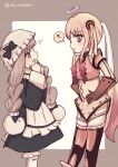  2girls ? apron black_bow blonde_hair bow braid commentary_request halo hand_on_own_hip hat highres long_hair looking_at_another magical_girl mahou_shoujo_ikusei_keikaku mahou_shoujo_ikusei_keikaku_criminal_sisters mahou_shoujo_ikusei_keikaku_limited mahou_shoujo_ikusei_keikaku_restart maid multicolored_halo multiple_girls nokko-chan rain_pow red_eyes socks twin_braids v8y_vkaname white_socks 