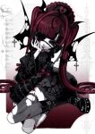 1girl :p absurdres bat_wings black_boots black_streaks black_thighhighs boots colored_skin commentary cross_hair_ornament detached_sleeves eyelashes eyepatch fangs fingernails hair_intakes hair_ornament hat highres hime_cut knee_boots lace-trimmed_eyepatch lace-trimmed_thighhighs lace_trim long_fingernails long_hair multicolored_hair nurse_cap original pome_nanoda red_eyes red_hair red_nails sitting skin_fangs solo streaked_hair thighhighs tongue tongue_out torn_clothes torn_thighhighs twintails untranslatable_commentary very_long_hair white_skin wings yokozuwari 