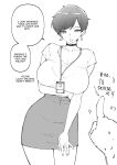  1girl 1other absurdres arm_under_breasts bralines breasts bright_pupils choker cleavage collarbone contrapposto cowboy_shot curvy earrings english_text greyscale hand_on_own_thigh highres huge_breasts id_card jewelry lanyard large_breasts looking_at_viewer monochrome norman_maggot office_lady olive_laurentia open_mouth original pencil_skirt pixie_cut pointing pointing_at_another pov pov_hands shirt_tucked_in short_hair short_sleeves simple_background skirt solo_focus speech_bubble swept_bangs very_short_hair white_background 