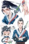  2boys absurdres all_wishes_come_true! animal_ears arm_wrap bandaged_hand bandages black_hair black_sash blue_hanfu brown_eyes bruise bruise_on_face cat_boy cat_ears cat_tail chibi chibi_inset chinese_clothes chinese_commentary closed_mouth collarbone commentary_request crossed_arms dirty dirty_face hand_on_another's_hand hanfu high_ponytail highres implied_yaoi injury jian_(weapon) kemonomimi_mode layered_sleeves long_hair long_sleeves looking_at_viewer lv_dongbin_(all_wishes_come_true!) male_focus multiple_boys multiple_views out_of_frame parted_lips ponytail red_sash redplakton sash sheath sheathed shoulder_strap sidelocks simple_background sitting solo_focus speech_bubble sword sword_on_back sword_tassel tail tassel thought_bubble upper_body washing_clothes washtub weapon weapon_on_back weapon_tassel white_background yellow_eyes zhongli_quan_(all_wishes_come_true!) 