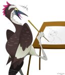  absurd_res beak beta_pokemon_(species) beta_pokemon_games brown_body brown_feathers bush_stone-curlew feathered_crest feathers feet foot_grab gyro_feather head_crest hi_res keuren_(gyro) kujatta nintendo open_beak open_mouth pencil_(object) pokemon pokemon_ruby_and_sapphire_beta semi-anthro solo tan_body tan_feathers tongue zecret_colors 