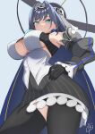  1girl 963rinne absurdres black_gloves black_hair blue_background blue_eyes blue_hair bow bow_earrings breasts chain chain_headband cleavage clothing_cutout commentary cropped_shirt detached_sleeves earrings english_commentary fanged_bangs from_below gloves hair_intakes half-skirt halo hand_on_own_hip highres hololive hololive_english jewelry large_breasts looking_at_viewer looking_down mechanical_halo multicolored_hair ouro_kronii ouro_kronii_(1st_costume) panties pinstripe_pattern pinstripe_shirt pinstripe_skirt ribbon_earrings shirt short_hair signature simple_background skirt smile solo standing thighhighs thighs underboob underboob_cutout underwear upskirt virtual_youtuber 