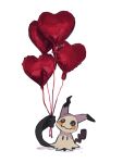  arm_up balloon blush_stickers commentary dande_lion2604 heart_balloon highres holding holding_balloon mimikyu no_humans pokemon pokemon_(creature) pokemon_focus simple_background untranslatable_commentary white_background 