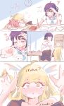  2girls absurdres anger_vein black_shirt blonde_hair blue_eyes blue_neckerchief blush bracelet carrying carrying_person cho_kaguya-hime! clock commentary_request fanneko_o fushi_(cho_kaguya-hime!) highres jewelry kaguya_(cho_kaguya-hime!) mole mole_under_eye multiple_girls neckerchief orange_eyes poking_head purple_hair sailor_collar sakayori_iroha school_uniform serafuku shirt spoken_expression squeans studying stuffed_animal stuffed_octopus stuffed_toy sweat white_sailor_collar white_shirt yuri 