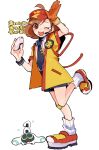  1girl arm_up atari_(puyopuyo) badge balancing balancing_on_head bandaid bandaid_on_knee bandaid_on_leg black_necktie black_shorts brown_hair button_badge collared_shirt commentary_request cosplay food full_body gloves green_eyes hand_up happi headset highres holding holding_food imadake_dabuchi_tabemi imadake_dabuchi_tabemi_(cosplay) japanese_clothes leg_up looking_at_viewer looking_to_the_side looking_up mcdonald's medium_hair necktie non-humanoid_robot one_eye_closed onigiri open_mouth orange_gloves puubot_(puyopuyo) puyopuyo puyopuyo_quest red_eyes red_shoes red_visor_cap robot shirt shoes shorts simple_background single_glove single_wrist_cuff smile socks standing standing_on_one_leg striped_clothes striped_shirt teeth tie_clip translation_request upper_teeth_only urolo vertical-striped_clothes vertical-striped_shirt visor_cap white_background white_shirt white_socks wrist_cuffs yellow_happi 