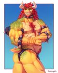4:5 abs absurd_res anthro arm_hair armband barazoku biceps big_butt blue_background body_hair border bowser bracelet broad_shoulders butt clip_studio_paint_(artwork) clothing collar colored deltoids digital_drawing_(artwork) digital_media_(artwork) digital_painting_(artwork) dragon eyebrows facial_hair fangs flexing gradient_background grin hair hi_res horn humanoid jewelry leoragon911 looking_at_viewer male male_anthro mario_bros multicolored_body musclegut muscular muscular_anthro muscular_arms muscular_male mythological_creature mythological_scalie mythology nintendo nipple_piercing nipples painting_(artwork) pecs piercing pinup pose pubes red_hair reptile scales scalie sharp_teeth simple_background smile solo sparkles speedo spiked_armband spiked_bracelet spiked_collar spikes standing swimwear tail teeth thick_eyebrows thick_thighs triceps white_border wide_hips yellow_body