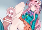  1boy 1girl bar_censor barefoot blue_shirt breasts censored closed_mouth commentary_request cum cum_on_body cum_on_penis feet foot_focus footjob foreshortening gradient_background grey_background hammer_(sunset_beach) hata_no_kokoro hetero long_hair long_sleeves mask mask_on_head orange_skirt penis pink_eyes pink_hair plaid_clothes plaid_shirt pointless_censoring shirt skirt small_breasts soles solo_focus toes touhou veins veiny_penis 