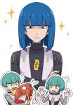  1girl 2boys alternate_hairstyle black_shirt blue_eyes blue_hair blunt_bangs closed_mouth flying_sweatdrops hands_up highres holding holding_pokemon logo magikarp medium_hair multiple_boys nakikot_t outline pokemon pokemon_(creature) pokemon_diamond/pearl/platinum saturn_(pokemon) shirt simple_background sparkle sweatdrop team_galactic team_galactic_grunt team_galactic_uniform vest w_arms white_background 
