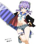  1girl absurdres bigkwl bikini blue_eyes blue_necktie blue_sailor_collar blush collarbone commentary crocs dated dated_commentary double-parted_bangs full_body hair_between_eyes headgear highres kantai_collection langley_(kancolle) langley_(swimsuit)_(kancolle) leg_up looking_at_viewer micro_shorts navel necktie one-hour_drawing_challenge parted_lips purple_hair sailor_bikini sailor_collar shoes short_hair shorts simple_background solo standing standing_on_one_leg surfboard swimsuit twitter_username white_background white_bikini white_shoes 