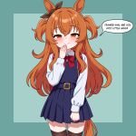  1girl absurdres aged_down animal_ears backpack bag belt belt_buckle blue_belt blue_dress blush border bow bowtie brown_ribbon brown_thighhighs buckle buttons closed_mouth collared_shirt commentary cowboy_shot dress ear_bow ear_ribbon english_commentary english_text flat_chest green_background green_border hair_between_eyes hanakaji_(yuuchanto) hand_to_own_mouth hand_up highres horse_ears horse_girl horse_tail long_hair long_sleeves looking_at_viewer mayano_top_gun_(umamusume) mesugaki naughty_face orange_eyes orange_hair orange_tail outside_border pinafore_dress pleated_dress randoseru red_bag red_bow red_bowtie ribbon school_uniform shirt simple_background sleeveless sleeveless_dress smile solo speech_bubble standing tail thighhighs two_side_up umamusume white_shirt zettai_ryouiki 