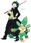  2013 crossover dated gen_5_pokemon green_hair kill_la_kill long_coat male_focus over_shoulder pokemon pokemon_(creature) sabamiso_(waruagaki) sanageyama_uzu shinai simisage sword weapon weapon_over_shoulder younger 