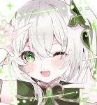 1girl :d ;d blush commentary cross-shaped_pupils finger_frame gem genshin_impact green_eyes green_gem hair_between_eyes hair_ornament hands_up highres hitsuki_(ruon) looking_at_viewer nahida_(genshin_impact) one_eye_closed open_mouth pointy_ears signature smile solo symbol-shaped_pupils upper_body white_hair 