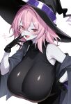  1girl absurdres bachumaro_xo black_gloves black_hat breasts colored_skin commentary_request fang gloves grey_jacket hair_between_eyes hat highres huge_breasts jacket large_breasts long_hair looking_at_viewer open_clothes open_jacket open_mouth original pale_skin red_eyes shirt simple_background skin_fang sleeveless sleeveless_shirt smile smug solo white_background white_skin witch_hat yucha_(35miyabi31) 