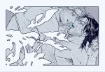  2boys black_hair blue_eyes completely_nude curly_(mouthwashing) facial_hair french_kiss furrowed_brow hand_on_another's_chin hatching_(texture) highres jimmy_(mouthwashing) kiss limited_palette linear_hatching looking_at_another male_focus medium_hair messy_hair monstera_deliciosa mouthwashing multiple_boys muscular muscular_male nipples nude open_mouth orion_kujira saliva saliva_trail sweat thick_eyebrows tongue tongue_out veins veiny_arms veiny_neck watermark yaoi 