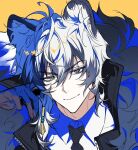  1boy animal_ears arknights black_gloves black_necktie cat_boy cat_ears commentary_request dalnodo fur-trimmed_jacket fur_trim gloves hair_ornament head_on_hand head_tilt highres jacket korean_commentary light_smile looking_at_viewer male_focus necktie silverash_(arknights) simple_background slit_pupils solo solo_focus yellow_background zipper 