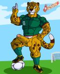2026 anthro ball balls blue_sky bottomless bottomless_anthro bottomless_male brown_spots circumcised clothed clothing cloud colored digital_media_(artwork) erection felid fifa footwear fur genitals glans goal_post green_clothing green_footwear green_grass green_pupils green_shirt green_socks green_topwear hi_res jaguar lazyken male mammal muscular muscular_anthro muscular_male navel pantherine penis pink_glans pupils shirt sky soccer_ball socks spots three_tone_shoes topwear watermark white_fingers yellow_body yellow_fur zayu_(fifa)