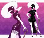 absurd_res anthro arched_back armwear arthropod black_clothing black_dress border breasts butt cane cleavage_cutout clothing cutout digital_drawing_(artwork) digital_media_(artwork) dress elbow_gloves female footwear garter_belt garter_straps gloves hand_on_face hand_on_hip handwear hi_res high_heels holding_object holding_weapon hollow_knight:_silksong hollow_knight_(franchise) jewelry lace lace_(hollow_knight:_silksong) legwear narrowed_eyes necklace pose purple_background shoes simple_background slit_dress small_waist solo spacemaxmarine standing team_cherry thick_thighs thigh_highs weapon white_border white_clothing white_gloves white_handwear