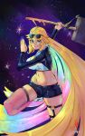  1girl absurdres ahoge arielle_(vtuber) blonde_hair blue_eyes blue_jacket blue_nails blue_shorts boutsoftheblind breasts cleavage colored_inner_hair commentary cropped_jacket english_commentary eyewear_on_head hair_between_eyes heart heart_ahoge highres indie_virtual_youtuber jacket large_breasts long_hair looking_at_viewer multicolored_hair rainbow_hair short_shorts shorts sunglasses thigh_strap thighs very_long_hair virtual_youtuber 
