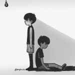  2boys antenna_hair artist_name black_shirt black_tank_top black_thighhighs bright_pupils closed_mouth colored_skin commentary dual_persona english_commentary expressionless highres male_focus multiple_boys omori omori_(omori) shirt shoes short_hair short_sleeves shorts sitting socks standing starlyfnnctn striped_clothes striped_shorts sunny_(omori) t-shirt tank_top thighhighs twitter_username vertical-striped_clothes vertical-striped_shorts white_background white_pupils white_shorts white_skin white_socks 