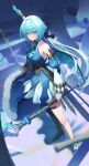  1girl absurdres aqua_eyes asymmetrical_footwear bare_shoulders blue_cape blue_dress blue_hair breasts cape cerydra_(honkai:_star_rail) closed_mouth commentary crown detached_sleeves dress english_commentary expressionless floating_hair full_body fur-trimmed_cape fur_trim high_heels highres holding holding_scepter honkai:_star_rail honkai_(series) jewelry long_hair looking_at_viewer medium_breasts mini_crown ring scepter solo thigh_strap very_long_hair vynz_9 