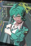  1girl ahoge black_choker blue_archive breasts cardigan choker collarbone commentary cowboy_shot from_side fuyu_(blue_archive) green_cardigan green_hair green_halo green_necktie halo highres indoors large_breasts looking_at_viewer medium_hair murloc_(user_wxxf2533) necktie open_collar open_mouth railing shaded_face shirt solo standing white_shirt wolf_cut yellow_eyes 